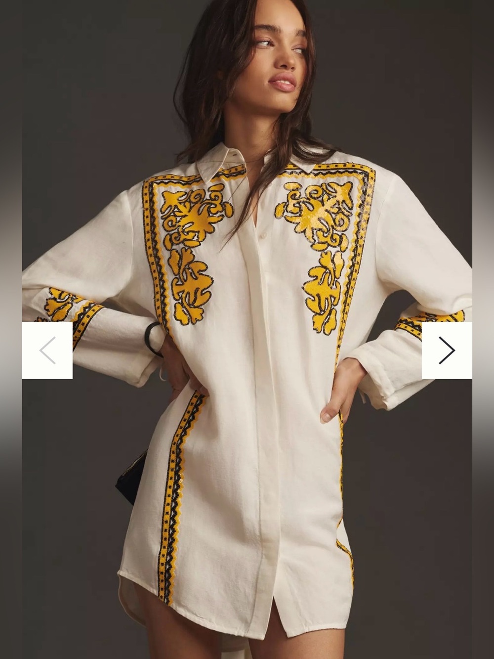 Embroidered White Shirt Dress with Yellow Accent
